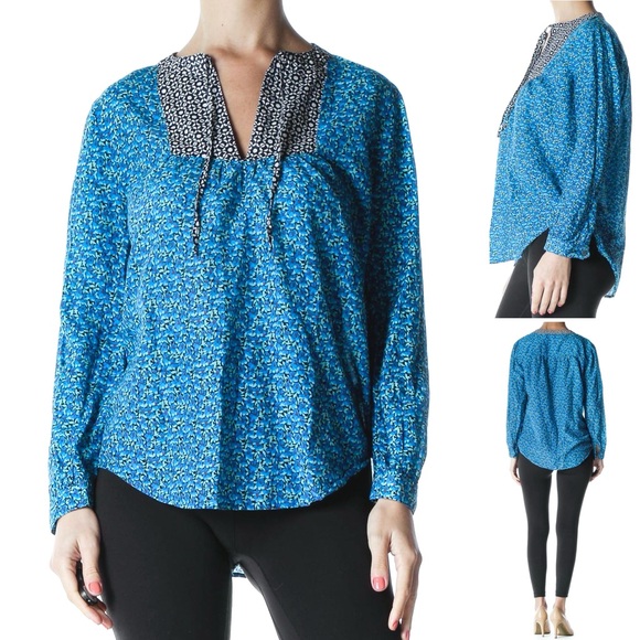 J. Crew Silk Blend Floral Blouse Peasant Flower-Patch Tie Neck Long Sleeve Blue - Picture 9 of 16